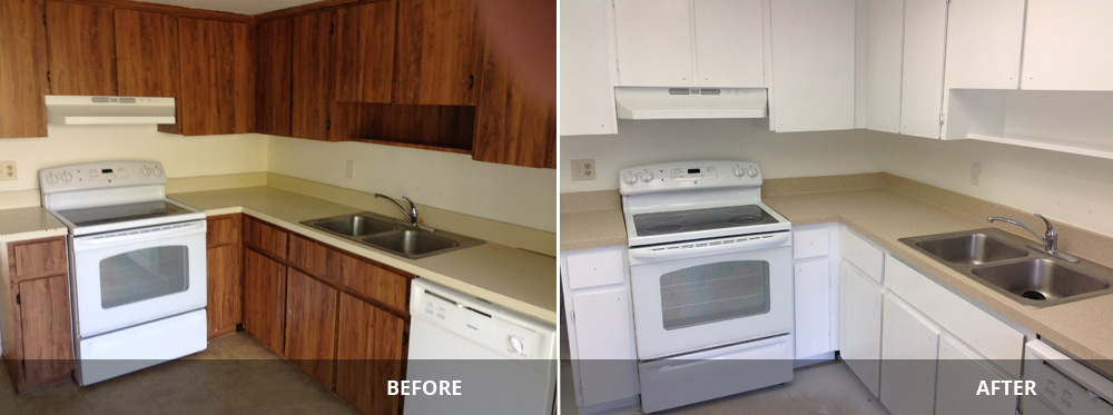 cabinets2 Before-and-after comparison of kitchen cabinet refinishing, showcasing transformation from dark wooden cabinets to bright white cabinetry, with updated countertops and appliances.